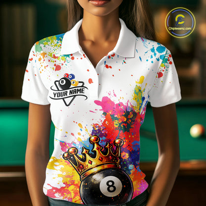 Colorful 8 Ball Crown Aim Shoot Swear Repeat Billiard Shirt For Women Custom Pool Team Jersey|White TDM5795