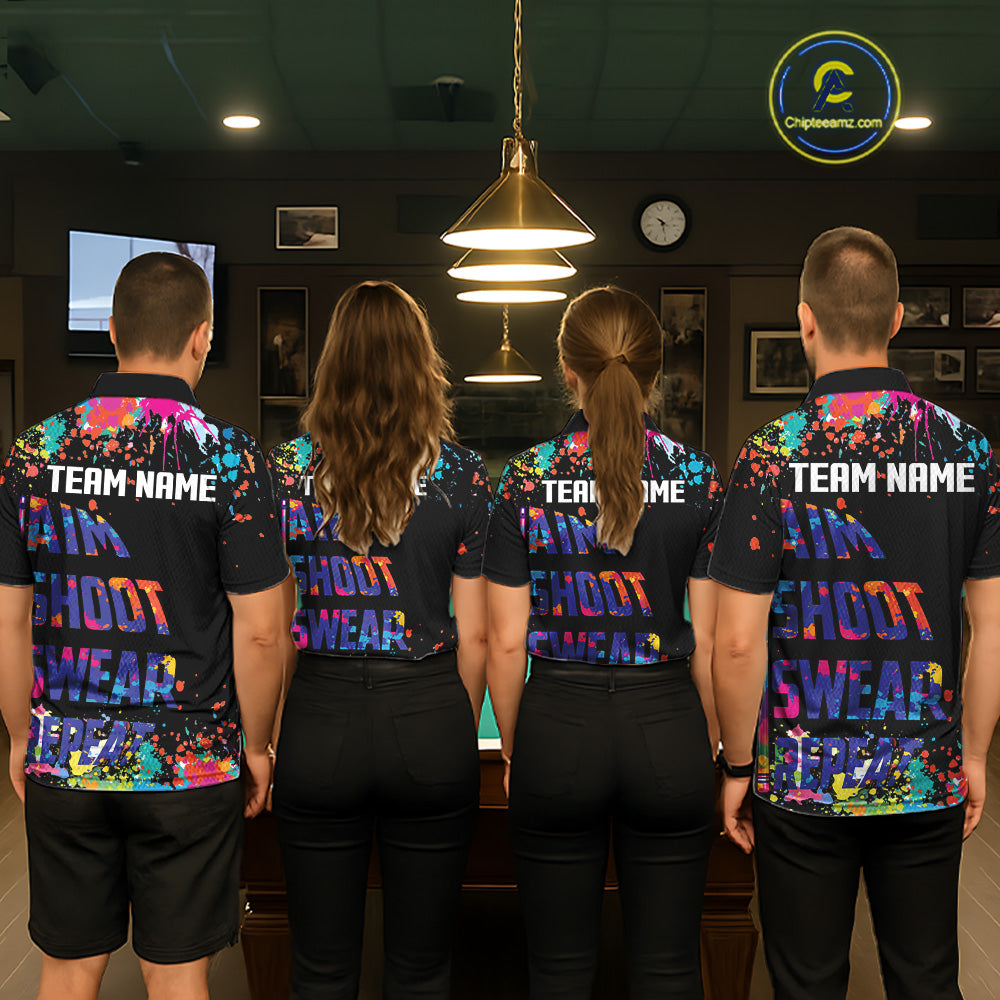 Colorful 8 Ball Crown Aim Shoot Swear Repeat Billiard Shirt For Men Custom Pool Team Jersey|Black TDM5796