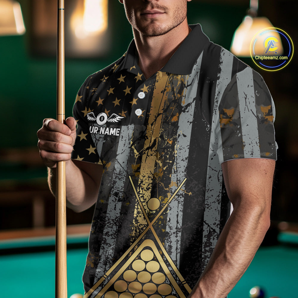 Custom Golden Grunge US Flag Patriotic Men's Billiard Shirt, 8 Ball Pool Jersey Polo & 1/4 Zip TDM6176
