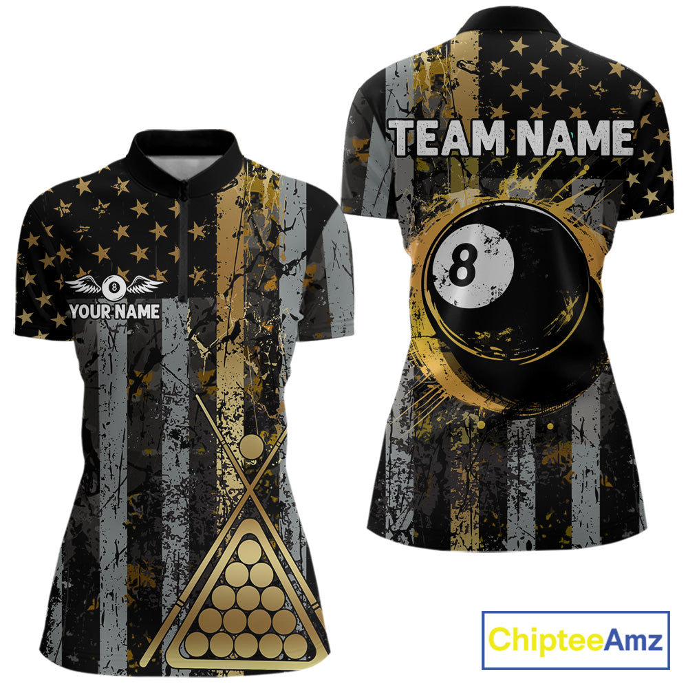 Custom Golden Grunge US Flag Patriotic Women's Billiard Shirt, 8 Ball Pool Jersey Polo & 1/4 Zip TDM6176