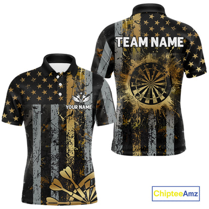 Custom Golden Grunge US Flag Patriotic Darts Shirt For Men, Retro Darts Team Jersey Polo & 1/4 Zip TDM6177