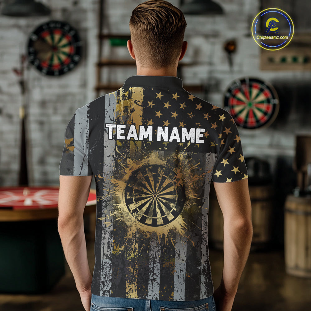 Custom Golden Grunge US Flag Patriotic Darts Shirt For Men, Retro Darts Team Jersey Polo & 1/4 Zip TDM6177