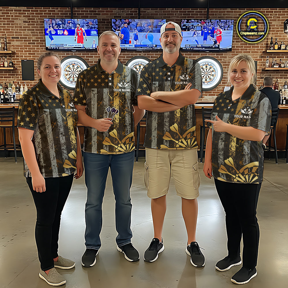 Custom Golden Grunge US Flag Patriotic Darts Shirt For Men, Retro Darts Team Jersey Polo & 1/4 Zip TDM6177