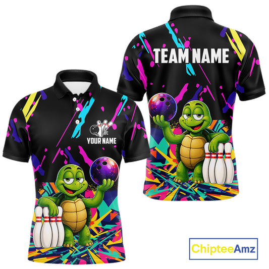 Colorful bowling polo shirt with turtle design and customizable your name & team name