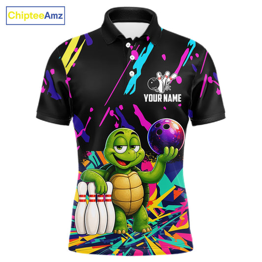 Colorful bowling polo shirt with turtle design and customizable your name & team name