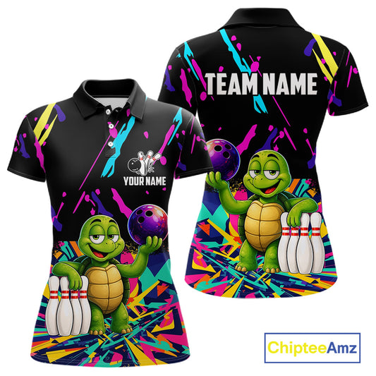 Colorful bowling polo shirt with turtle design and customizable your name & team name