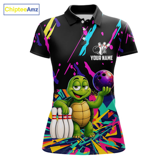 Colorful bowling polo shirt with turtle design and customizable your name & team name