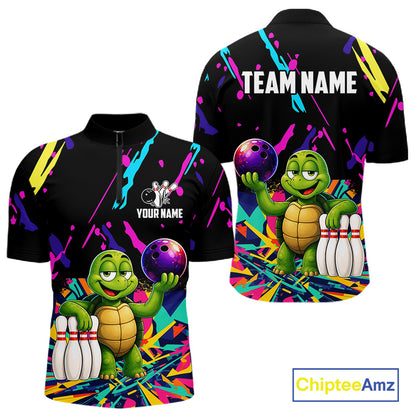 Colorful bowling quarter zip shirt with turtle design and customizable your name & team name