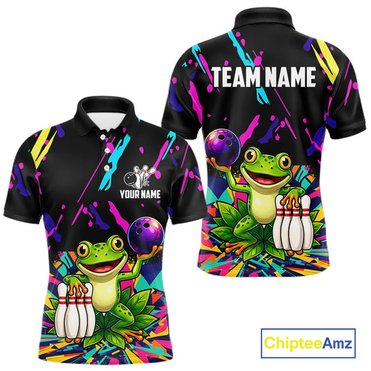 Colorful bowling polo shirt with frog design and customizable your name & team name