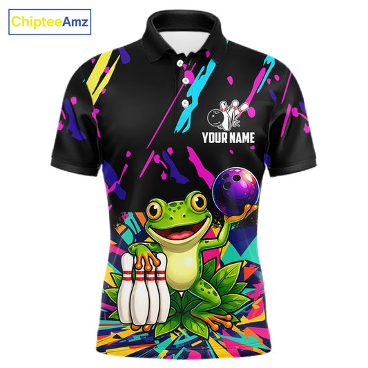 Colorful bowling polo shirt with frog design and customizable your name & team name
