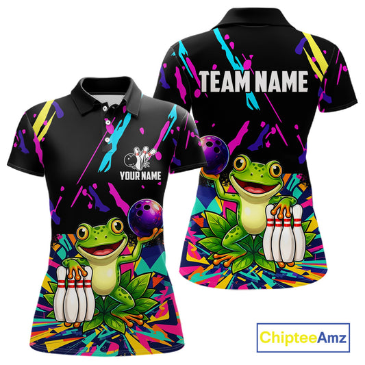 Colorful bowling polo shirt with frog design and customizable your name & team name