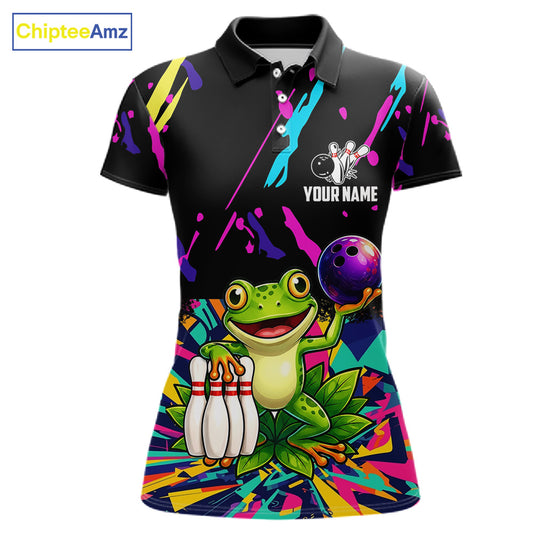 Colorful bowling polo shirt with frog design and customizable your name & team name