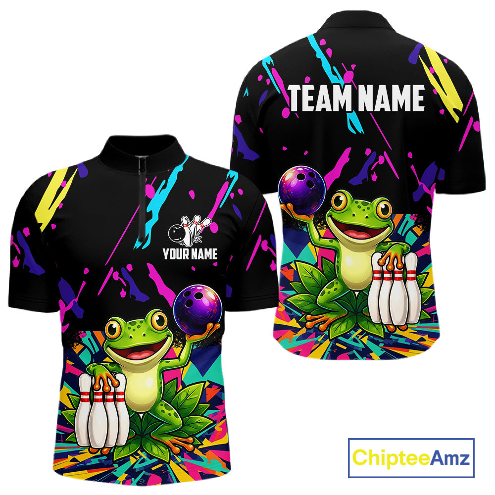 Colorful bowling quarter zip shirt with  frog design and customizable your name & team name