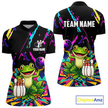 Load image into Gallery viewer, Colorful bowling quarter zip shirt with frog design and customizable your name &amp; team name
