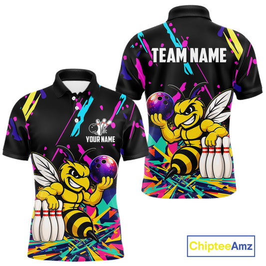 Colorful bowling polo shirt with bee design and customizable your name & team name