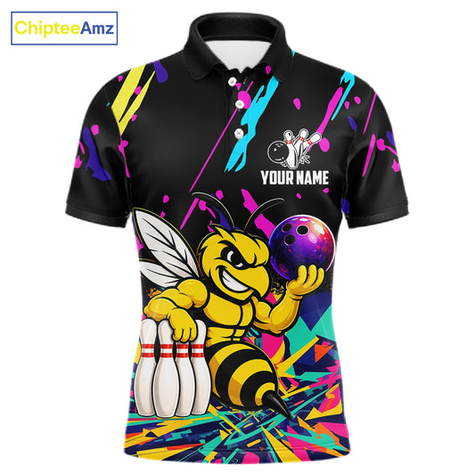 Colorful bowling polo shirt with bee design and customizable your name & team name