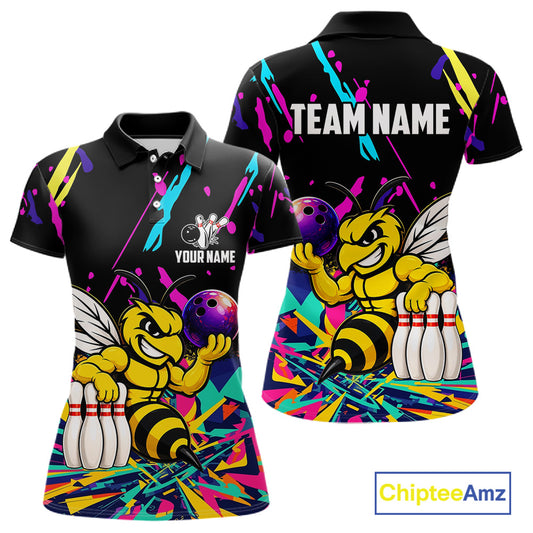 Colorful bowling polo shirt with bee design and customizable your name & team name
