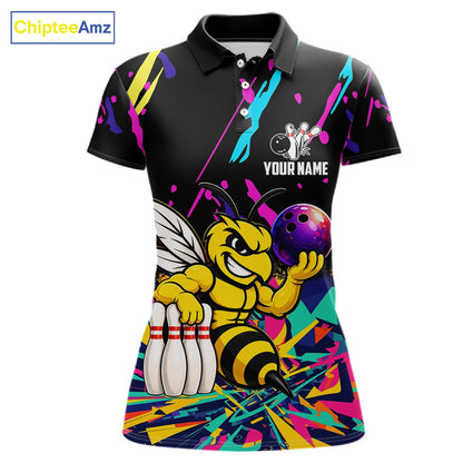 Colorful bowling polo shirt with bee design and customizable your name & team name