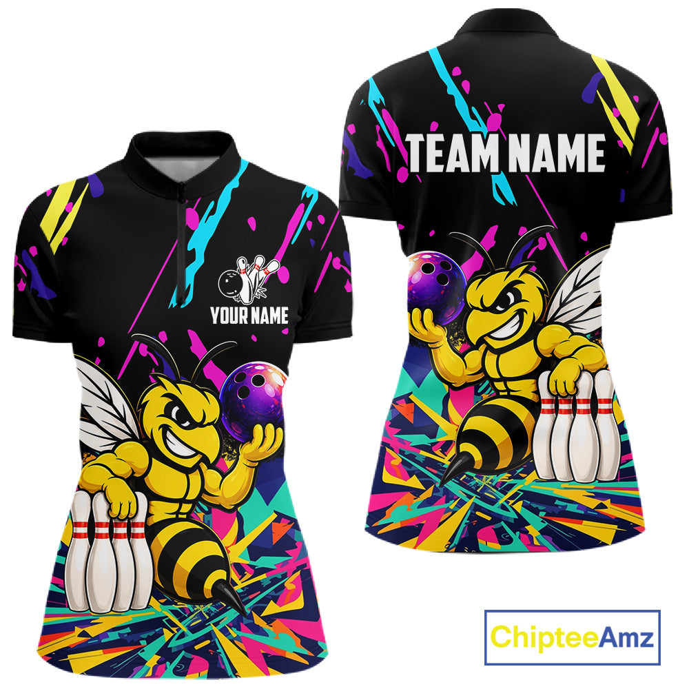 Colorful bowling quarter zip shirt with bee design and customizable your name & team name