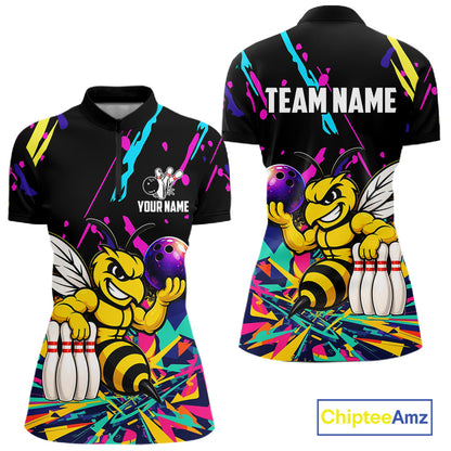 Colorful bowling quarter zip shirt with bee design and customizable your name & team name