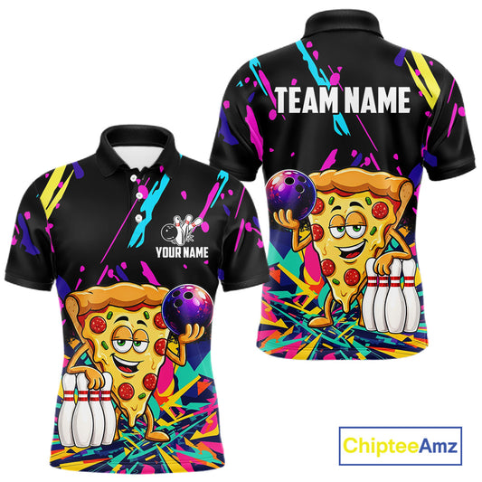 Colorful bowling polo shirt with pizza design and customizable your name & team name
