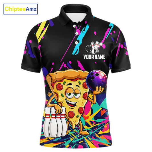 Colorful bowling polo shirt with pizza design and customizable your name & team name