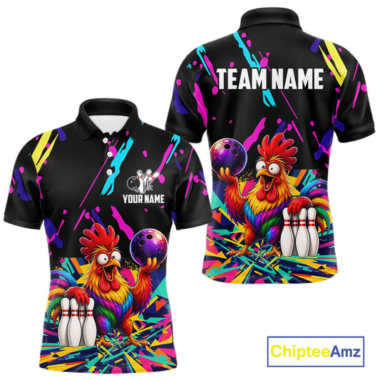 Colorful bowling polo shirt with  chicken design and customizable your name & team name