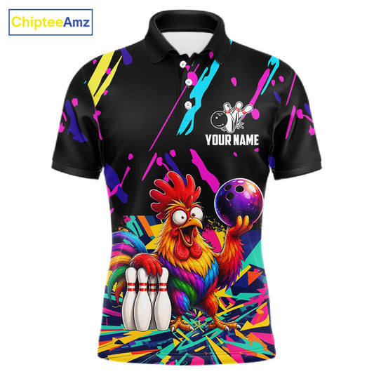 Colorful bowling polo shirt with chicken design and customizable your name & team name