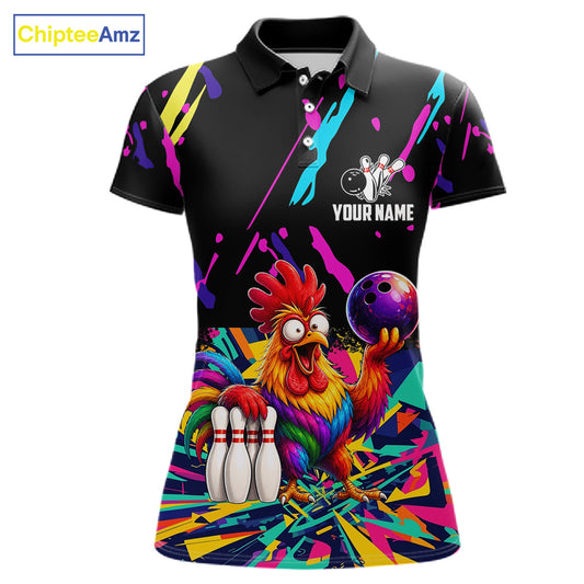 Colorful bowling polo shirt with chicken design and customizable your name & team name