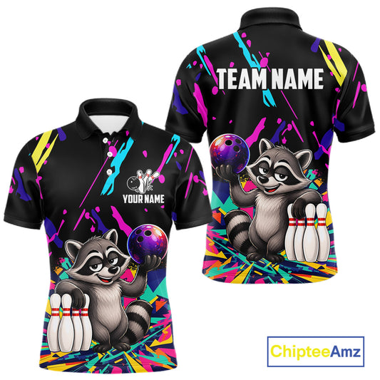 Colorful bowling polo shirt with raccoon design and customizable your name & team name