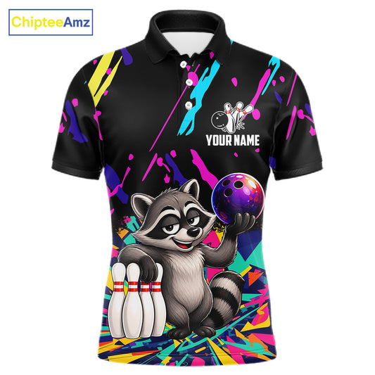 Colorful bowling polo shirt with raccoon design and customizable your name & team name