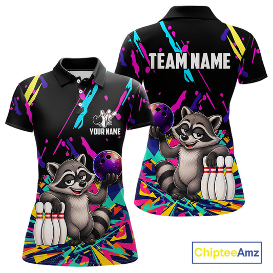 Colorful bowling polo shirt with raccoon design and customizable your name & team name