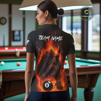 Orange Flaming Lion 8 Ball Billiard Shirts For Women Custom Fire Billiard Team Jersey Polo & 1/4 Zip TDM5305