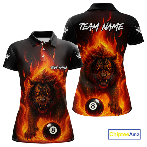 Orange Flaming Lion 8 Ball Billiard Shirts For Women Custom Fire Billiard Team Jersey Polo & 1/4 Zip TDM5305