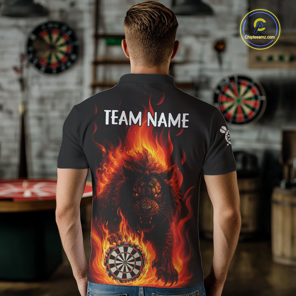 Orange Flaming Lion Darts Shirts For Men Custom Fire Darts League Jersey Team Polo & 1/4 Zip TDM5308