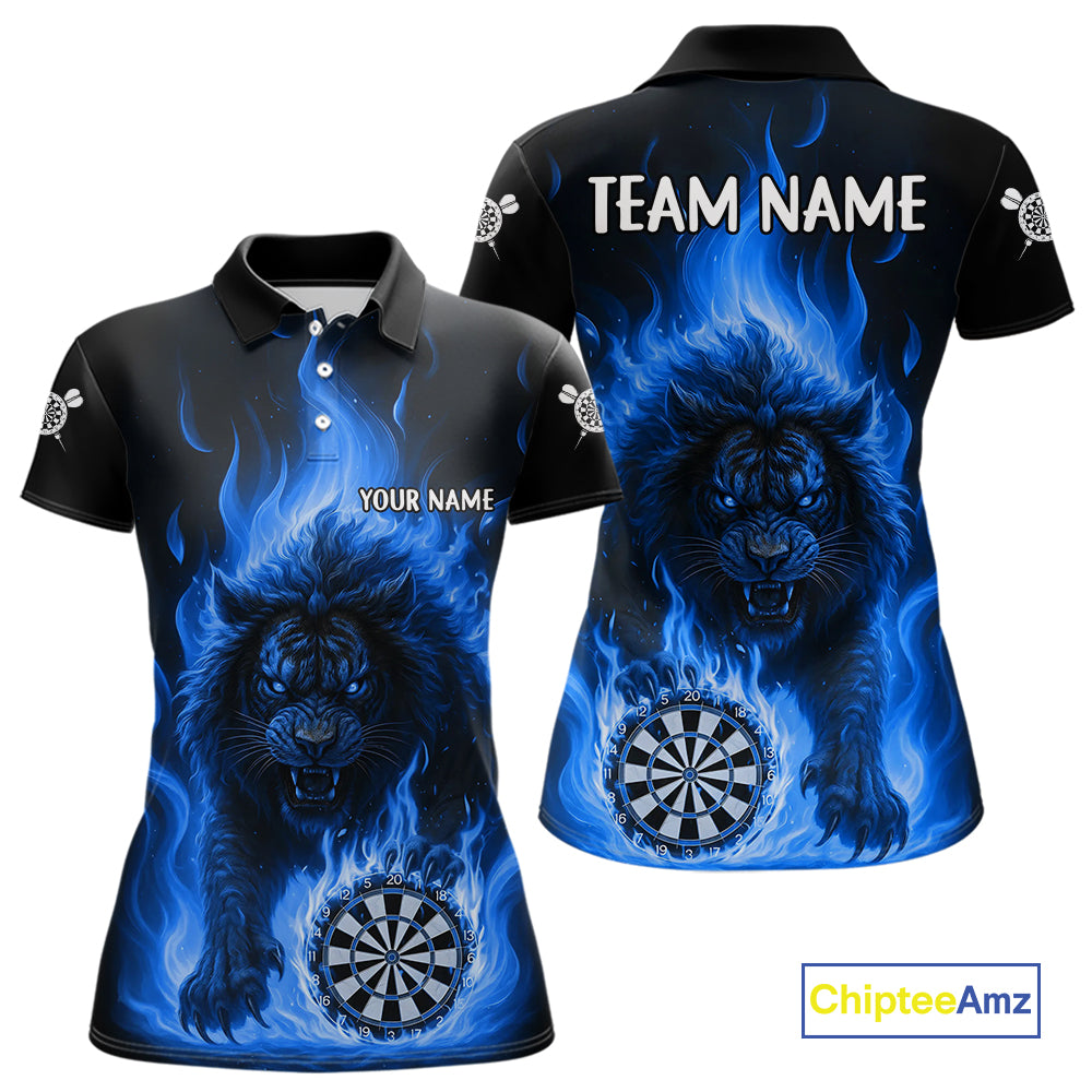 Blue Flaming Lion Darts Shirts For Women Custom Fire Darts League Jersey Team Polo & 1/4 Zip TDM5309