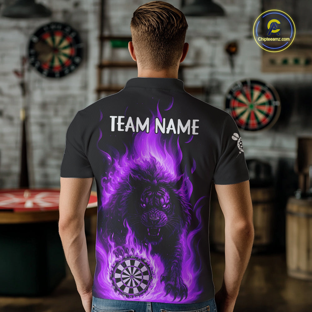 Purple Flaming Lion Darts Shirts For Men Custom Fire Darts League Jersey Team Polo & 1/4 Zip TDM5310