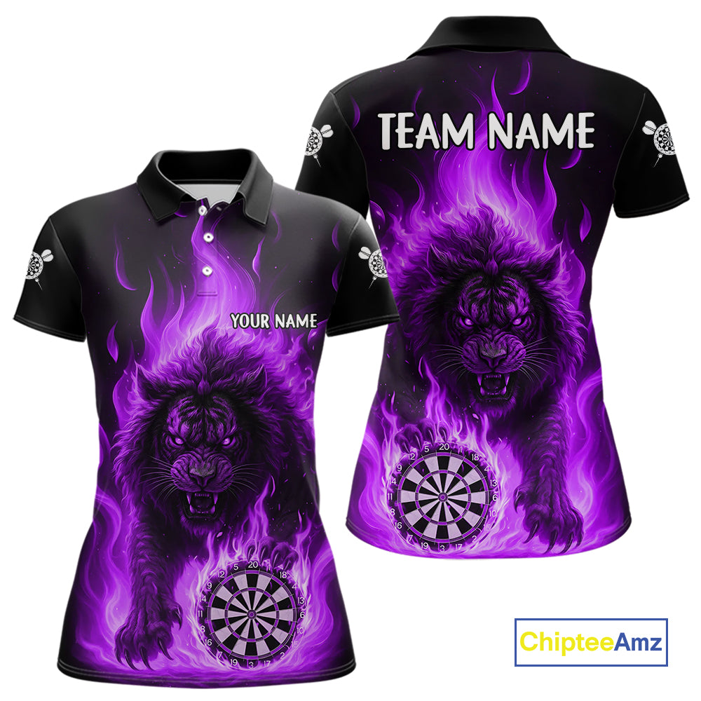 Purple Flaming Lion Darts Shirts For Women Custom Fire Darts League Jersey Team Polo & 1/4 Zip TDM5310