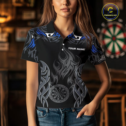 Personalized Darts Tournament Jerseys For Women Custom Dartboard Fire Flame Darts Shirts |Blue TDM5565