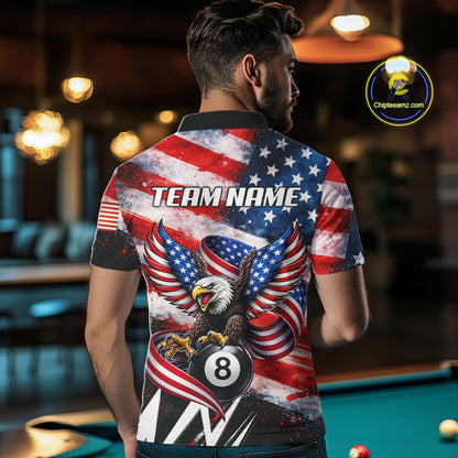Custom American Flag Eagle Billiard Shirt For Men, Patriotic 8 Ball Pool Team Jersey Polo, 1/4 Zip TDM6181