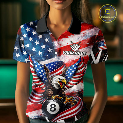 Custom American Flag Eagle Billiard Shirt For Women, Patriotic 8 Ball Pool Team Jersey Polo, 1/4 Zip TDM6181