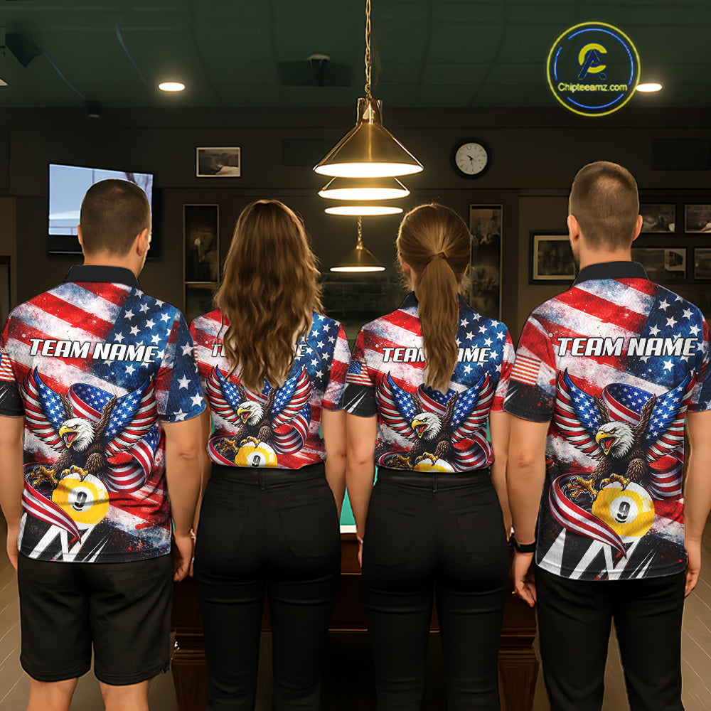 Custom American Flag Eagle Billiard Shirt For Men, Patriotic 9 Ball Pool Team Jersey Polo, 1/4 Zip TDM6182