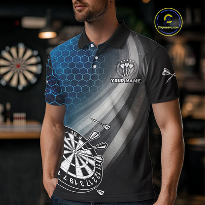 Custom Men's Dart Shirt – Black Blue Hexagon Design Darts Team Jersey | Polo & Quarter Zip Uniform TDM4074