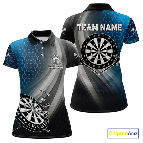 Custom Women's Dart Shirt – Black Blue Hexagon Design Darts Team Jersey | Polo & Quarter Zip Uniform TDM4074