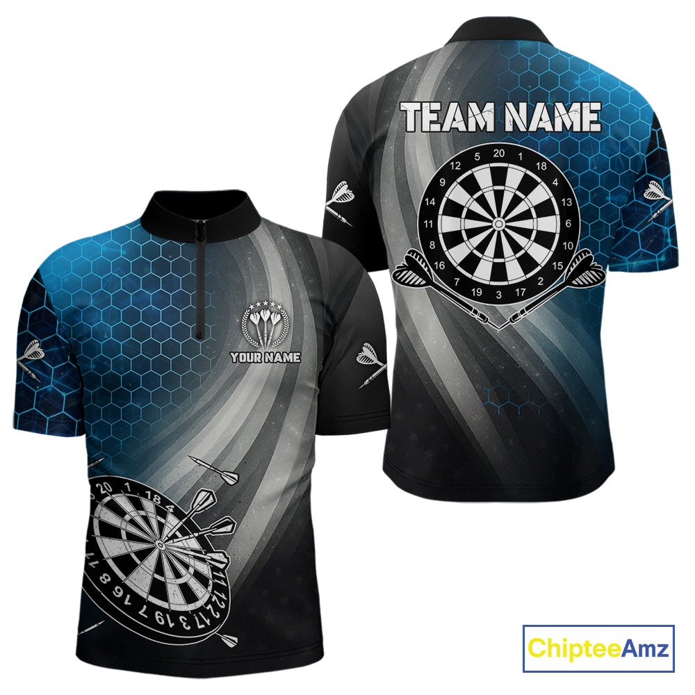 Custom Men's Dart Shirt – Black Blue Hexagon Design Darts Team Jersey | Polo & Quarter Zip Uniform TDM4074