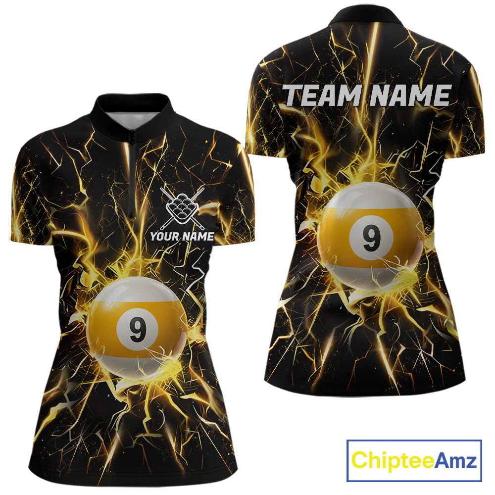 Black quarter zip shirt with yellow lightning design and 9 ball graphic, customizable name and team name