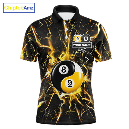 Black polo shirt with yellow lightning design and 8 ball 9 ball graphic, customizable name and team name