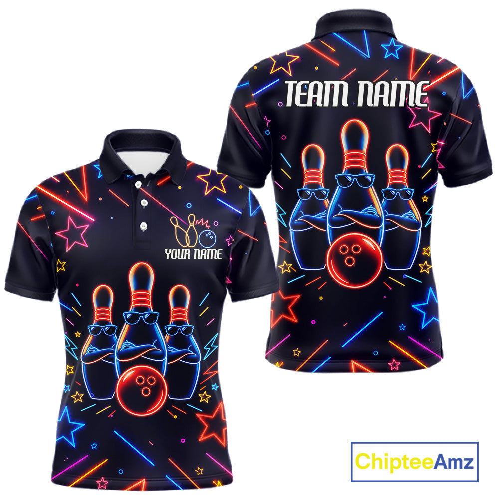 Blue funny neon bowling team polo shirt for men with vibrant neon bowling graphics.