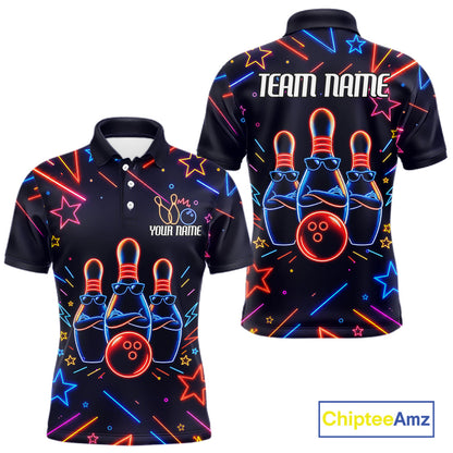 Blue funny neon bowling team polo shirt for men with vibrant neon bowling graphics.