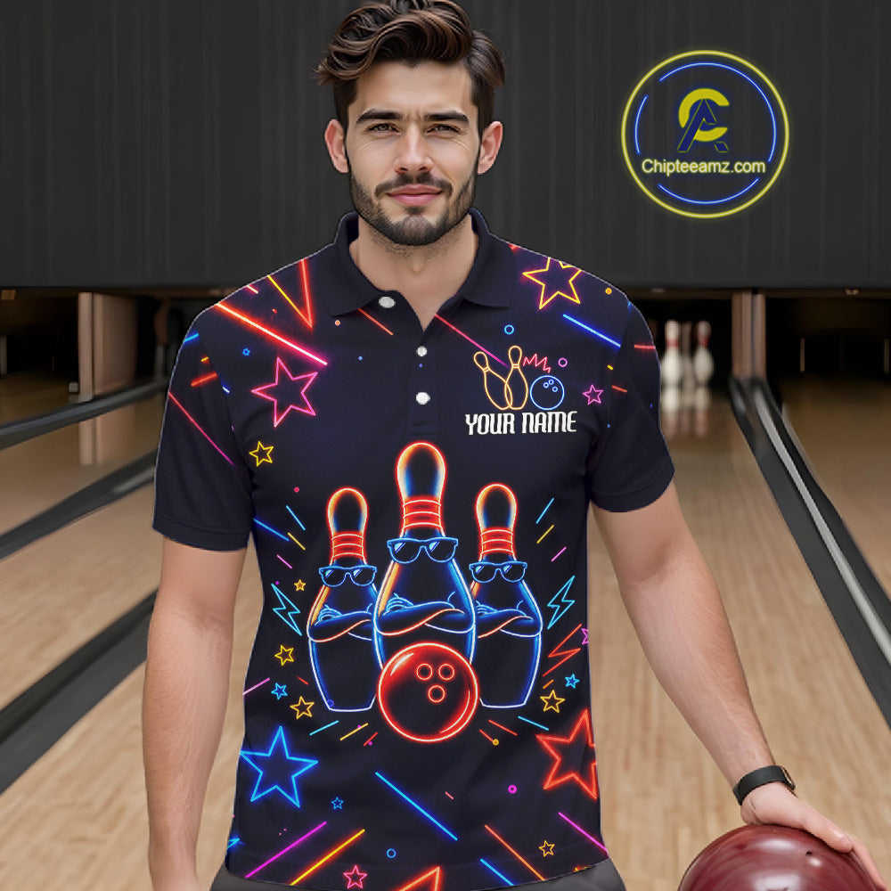 Man wearing a blue funny neon bowling polo shirt front view, custom bowling league jersey for men.